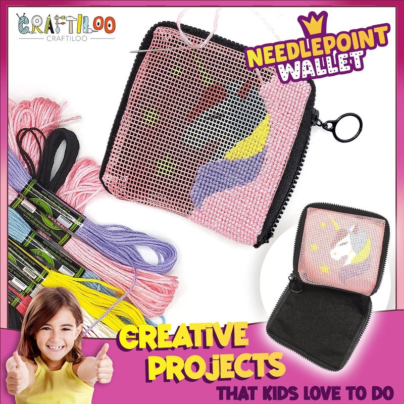 CRAFTILOO Pre Printed Needlepoint Wallet Kit for Kids Embroidery Arts and Crafts Set Cross Stitch Sewing Latch Hook Kit (Unicorn) - Image 3